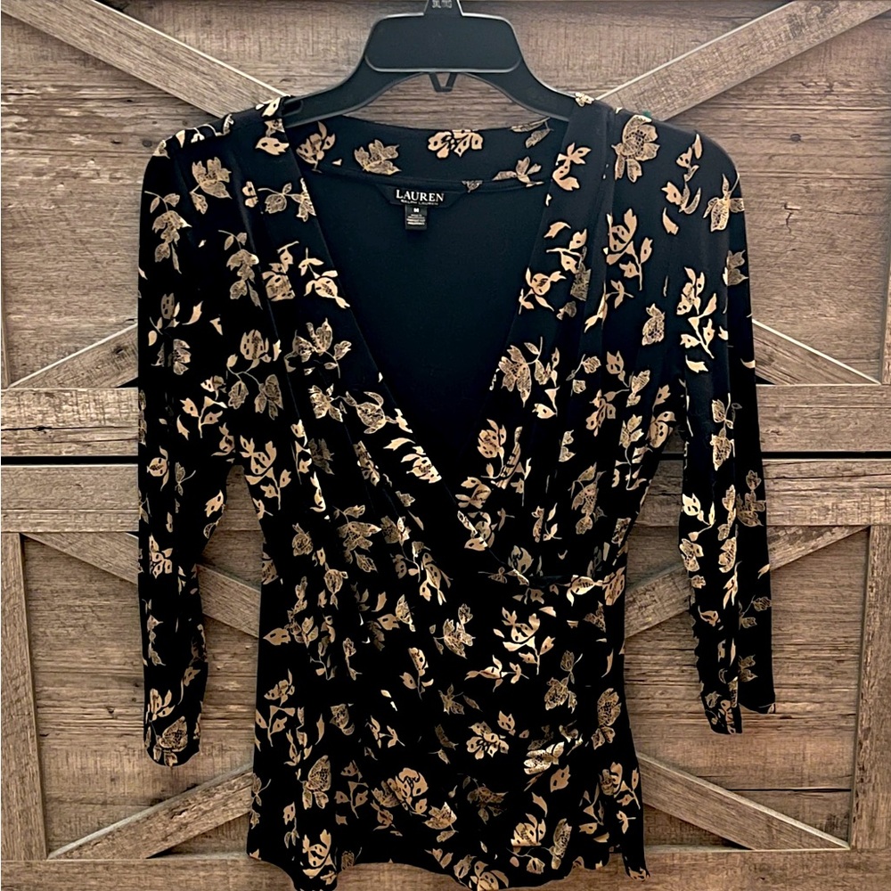 Lauren Ralph Lauren Floral Surplice Stretch Viscose Black Cream Medium Top Shirt